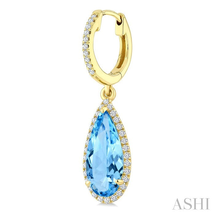 12X5 MM Evoque Gemstones Pear Shape Blue Topaz and 1/3 Ctw Round Cut Diamond Semi-Precious Halo Earrings in 14K Yellow Gold