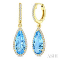 12X5 MM Evoque Gemstones Pear Shape Blue Topaz and 1/3 Ctw Round Cut Diamond Semi-Precious Halo Earrings in 14K Yellow Gold