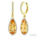 12X5 MM Evoque Gemstones Pear Shape Citrine and 1/3 Ctw Round Cut Diamond Semi-Precious Halo Earrings in 14K Yellow Gold