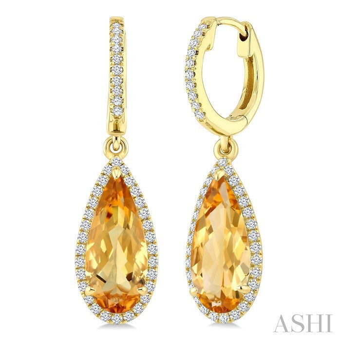 12X5 MM Evoque Gemstones Pear Shape Citrine and 1/3 Ctw Round Cut Diamond Semi-Precious Halo Earrings in 14K Yellow Gold