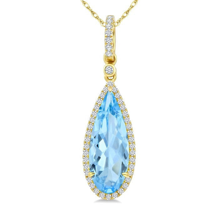 16X6 MM Evoque Gemstones Pear Shape Blue Topaz and 1/5 Ctw Round Cut Diamond Semi-Precious Halo Pendant With Chain in 14K Yellow Gold