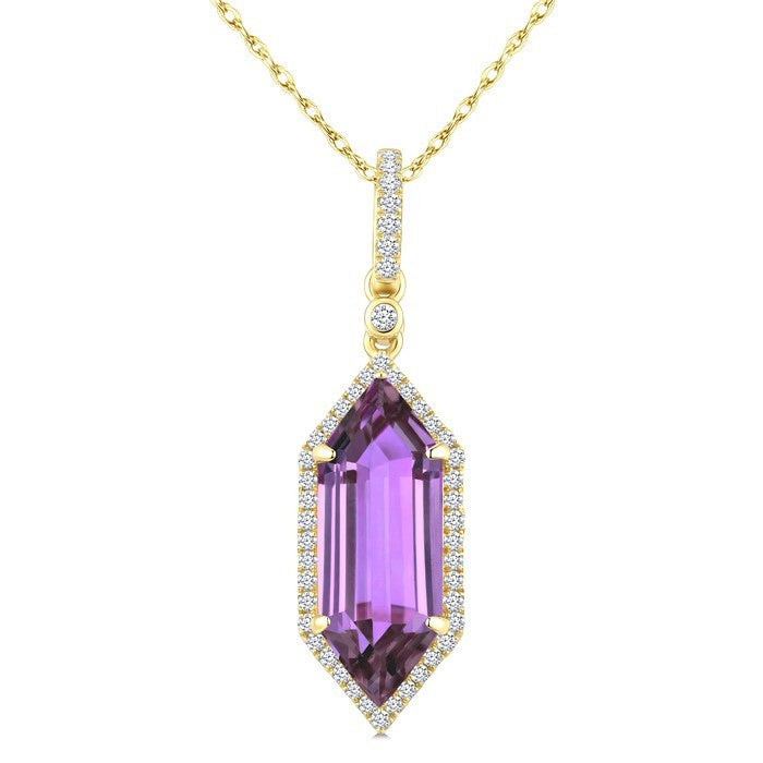16X6 MM Evoque Gemstones Hexagon Shape Amethyst and 1/5 Ctw Round Cut Diamond Semi-Precious Pendant With Chain in 10K Yellow Gold
