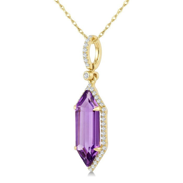 16X6 MM Evoque Gemstones Hexagon Shape Amethyst and 1/5 Ctw Round Cut Diamond Semi-Precious Pendant With Chain in 10K Yellow Gold