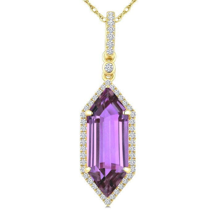 16X6 MM Evoque Gemstones Hexagon Shape Amethyst and 1/5 Ctw Round Cut Diamond Semi-Precious Pendant With Chain in 10K Yellow Gold