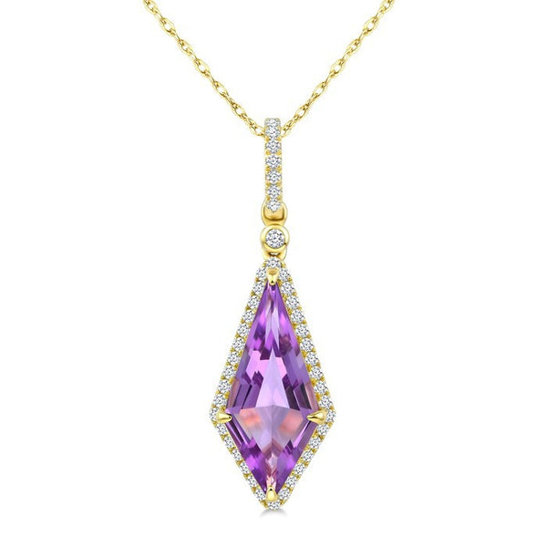 16X7 MM Evoque Gemstones Kite Shape Amethyst and 1/5 Ctw Round Cut Diamond Semi-Precious Pendant With Chain in 10K Yellow Gold