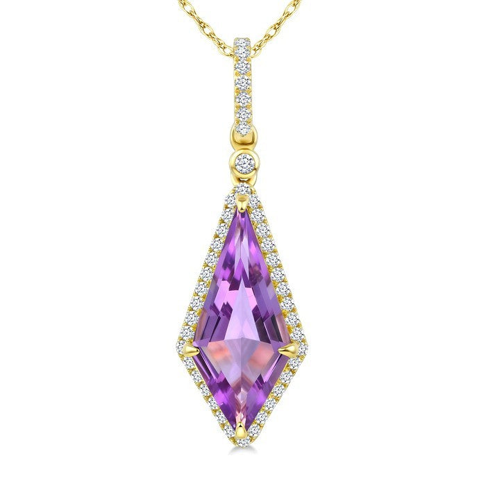 16X7 MM Evoque Gemstones Kite Shape Amethyst and 1/5 Ctw Round Cut Diamond Semi-Precious Pendant With Chain in 10K Yellow Gold