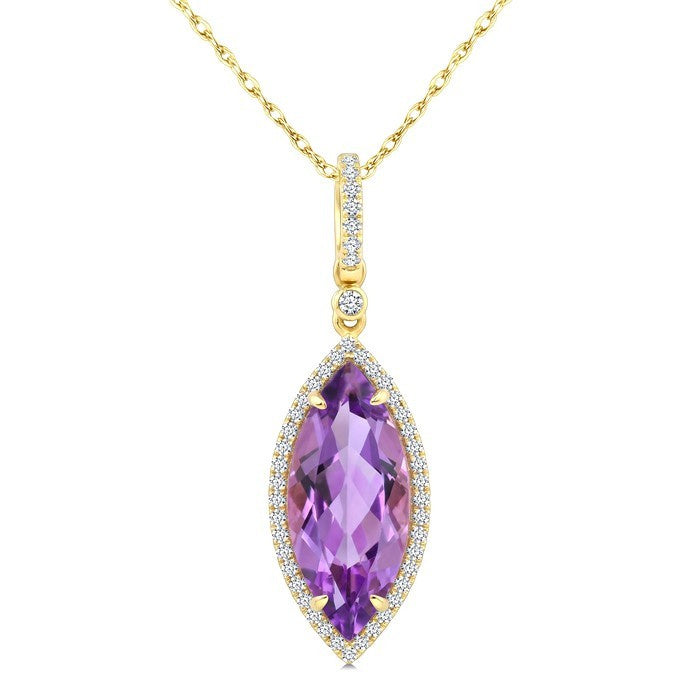 16X7 MM Evoque Gemstones Marquise Shape Amethyst and 1/5 Ctw Round Cut Diamond Semi-Precious Pendant With Chain in 10K Yellow Gold