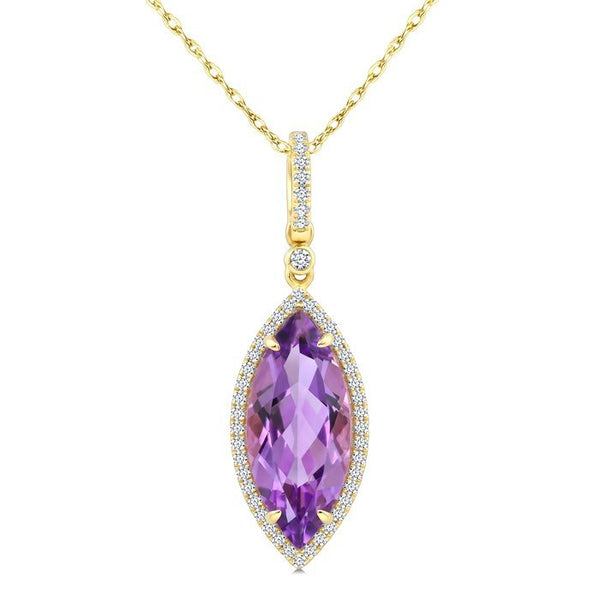 16X7 MM Evoque Gemstones Marquise Shape Amethyst and 1/5 Ctw Round Cut Diamond Semi-Precious Pendant With Chain in 10K Yellow Gold