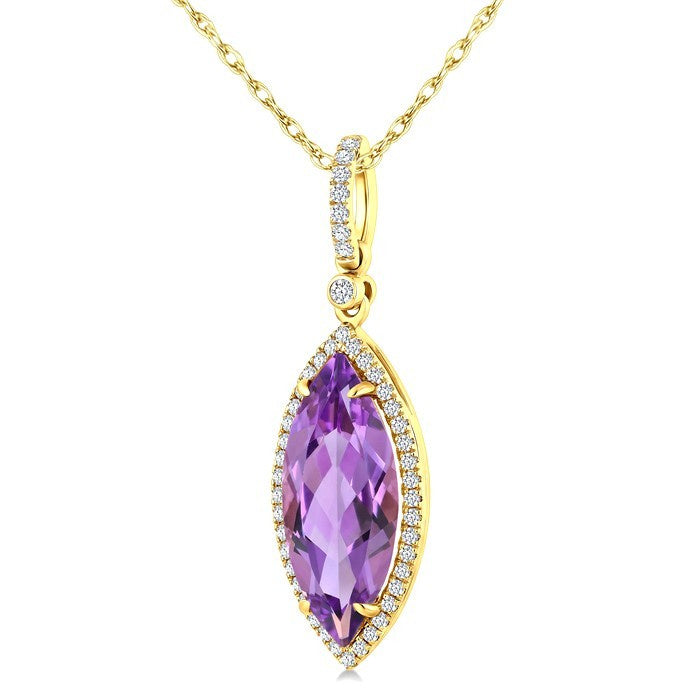 16X7 MM Evoque Gemstones Marquise Shape Amethyst and 1/5 Ctw Round Cut Diamond Semi-Precious Pendant With Chain in 10K Yellow Gold