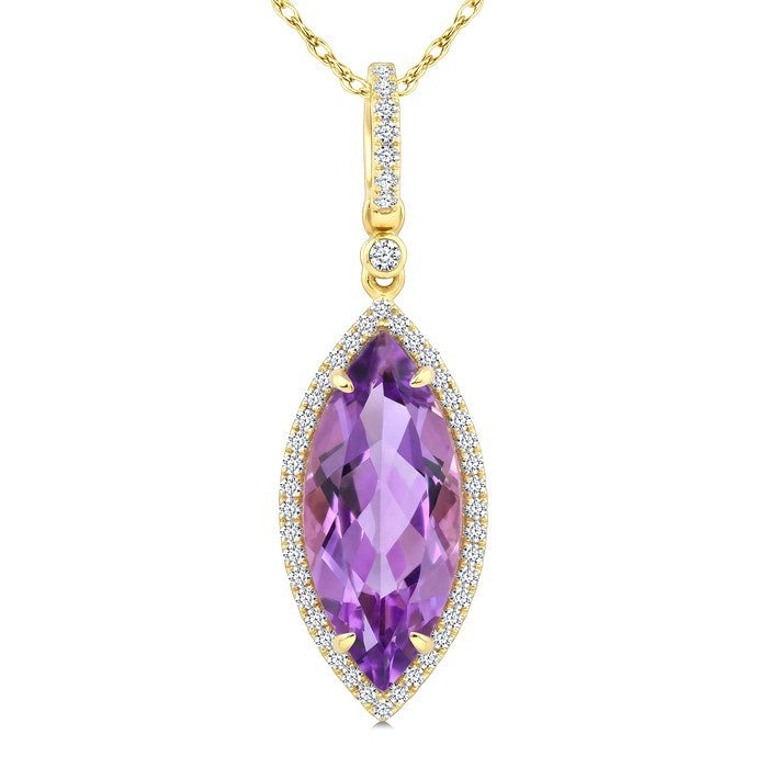 16X7 MM Evoque Gemstones Marquise Shape Amethyst and 1/5 Ctw Round Cut Diamond Semi-Precious Pendant With Chain in 10K Yellow Gold