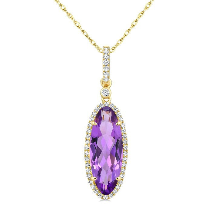 16X6 MM Evoque Gemstones Oval Shape Amethyst and 1/5 Ctw Round Cut Diamond Semi-Precious Pendant With Chain in 10K Yellow Gold