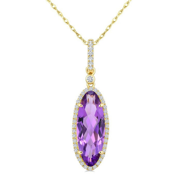 16X6 MM Evoque Gemstones Oval Shape Amethyst and 1/5 Ctw Round Cut Diamond Semi-Precious Pendant With Chain in 10K Yellow Gold