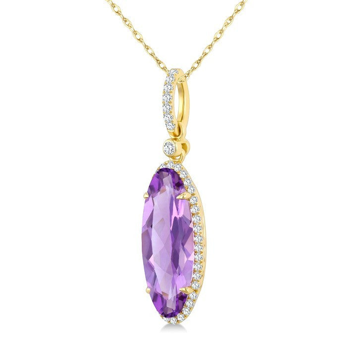 16X6 MM Evoque Gemstones Oval Shape Amethyst and 1/5 Ctw Round Cut Diamond Semi-Precious Pendant With Chain in 10K Yellow Gold
