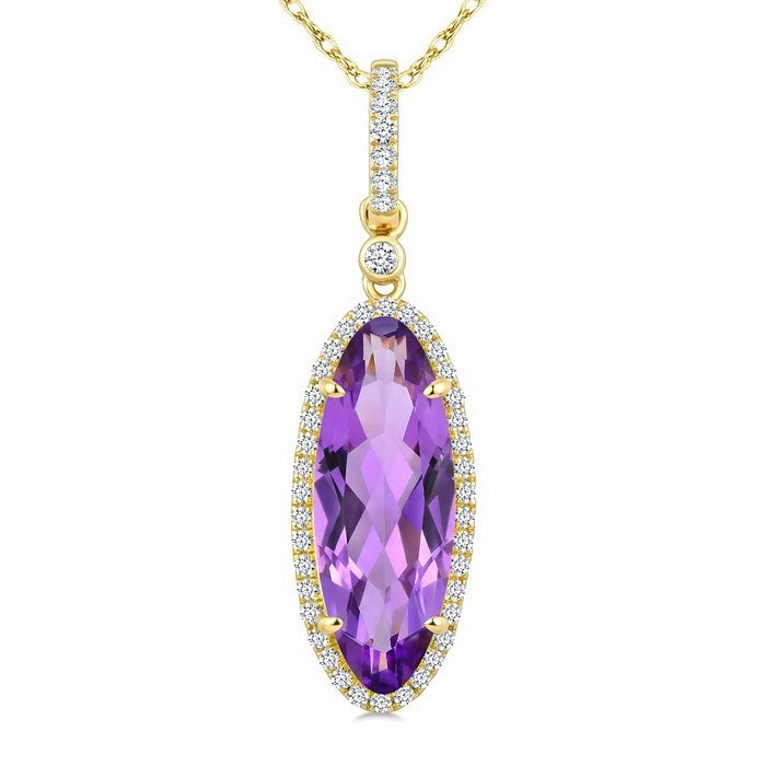 16X6 MM Evoque Gemstones Oval Shape Amethyst and 1/5 Ctw Round Cut Diamond Semi-Precious Pendant With Chain in 10K Yellow Gold