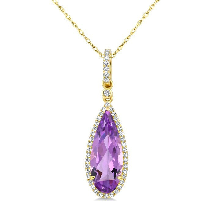 16X6 MM Evoque Gemstones Pear Shape Amethyst and 1/5 Ctw Round Cut Diamond Semi-Precious Pendant With Chain in 10K Yellow Gold