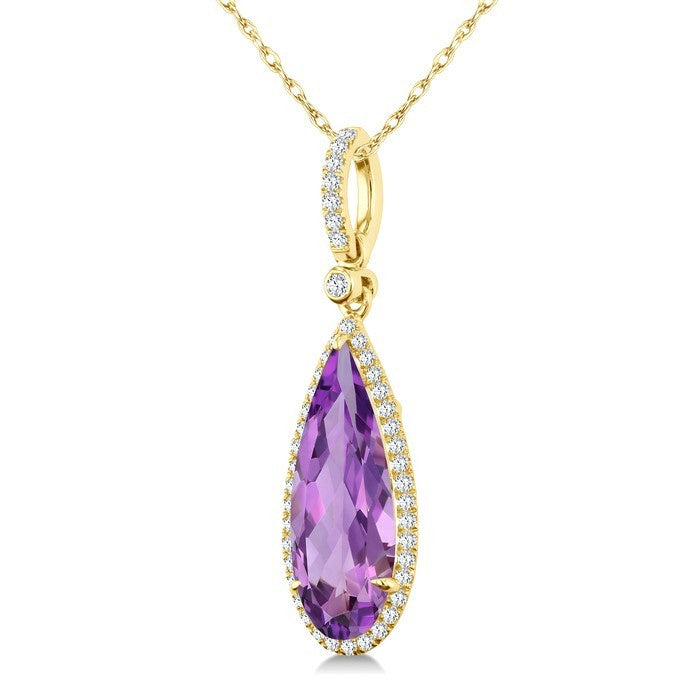 16X6 MM Evoque Gemstones Pear Shape Amethyst and 1/5 Ctw Round Cut Diamond Semi-Precious Pendant With Chain in 10K Yellow Gold