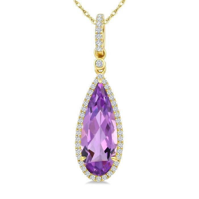 16X6 MM Evoque Gemstones Pear Shape Amethyst and 1/5 Ctw Round Cut Diamond Semi-Precious Pendant With Chain in 10K Yellow Gold
