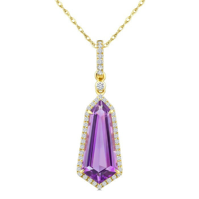 16X7 MM Evoque Gemstones Shield Shape Amethyst and 1/5 Ctw Round Cut Diamond Semi-Precious Pendant With Chain in 10K Yellow Gold