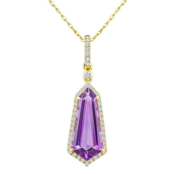 16X7 MM Evoque Gemstones Shield Shape Amethyst and 1/5 Ctw Round Cut Diamond Semi-Precious Pendant With Chain in 10K Yellow Gold
