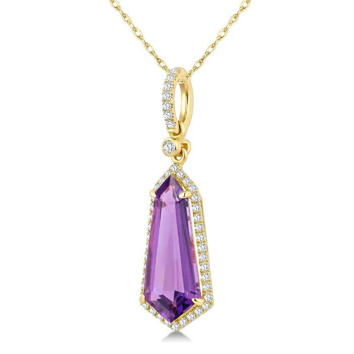16X7 MM Evoque Gemstones Shield Shape Amethyst and 1/5 Ctw Round Cut Diamond Semi-Precious Pendant With Chain in 10K Yellow Gold