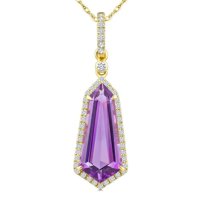 16X7 MM Evoque Gemstones Shield Shape Amethyst and 1/5 Ctw Round Cut Diamond Semi-Precious Pendant With Chain in 10K Yellow Gold