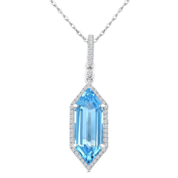 16X6 MM Evoque Gemstones Hexagon Shape Blue Topaz and 1/5 Ctw Round Cut Diamond Semi-Precious Pendant With Chain in 10K White Gold