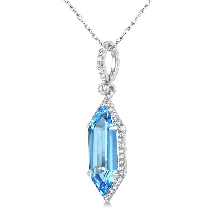 16X6 MM Evoque Gemstones Hexagon Shape Blue Topaz and 1/5 Ctw Round Cut Diamond Semi-Precious Pendant With Chain in 10K White Gold