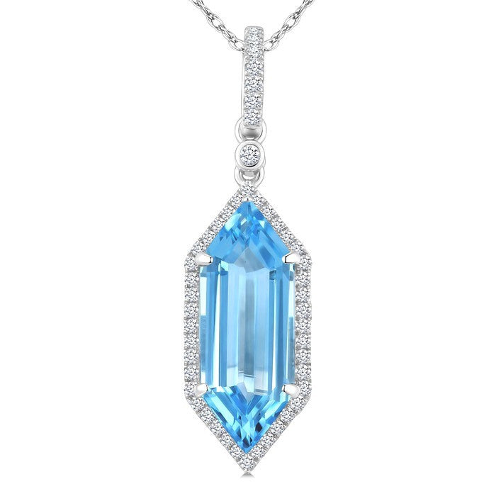 16X6 MM Evoque Gemstones Hexagon Shape Blue Topaz and 1/5 Ctw Round Cut Diamond Semi-Precious Pendant With Chain in 10K White Gold