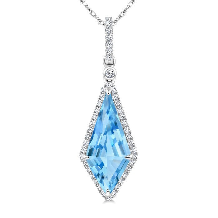 16X7 MM Evoque Gemstones Kite Shape Blue Topaz and 1/5 Ctw Round Cut Diamond Semi-Precious Pendant With Chain in 10K White Gold