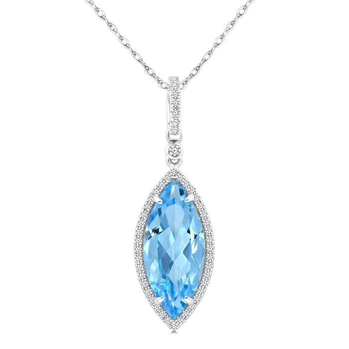 16X7 MM Evoque Gemstones Marquise Shape Blue Topaz and 1/5 Ctw Round Cut Diamond Semi-Precious Pendant With Chain in 10K White Gold