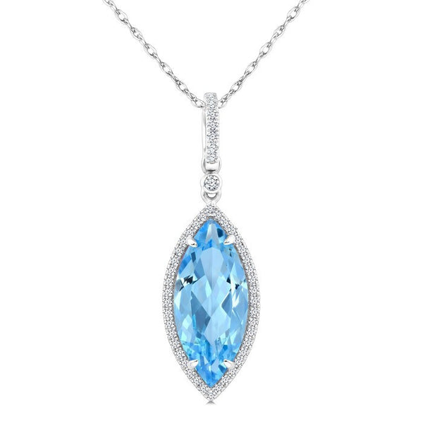 16X7 MM Evoque Gemstones Marquise Shape Blue Topaz and 1/5 Ctw Round Cut Diamond Semi-Precious Pendant With Chain in 10K White Gold