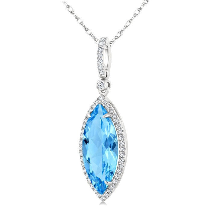16X7 MM Evoque Gemstones Marquise Shape Blue Topaz and 1/5 Ctw Round Cut Diamond Semi-Precious Pendant With Chain in 10K White Gold