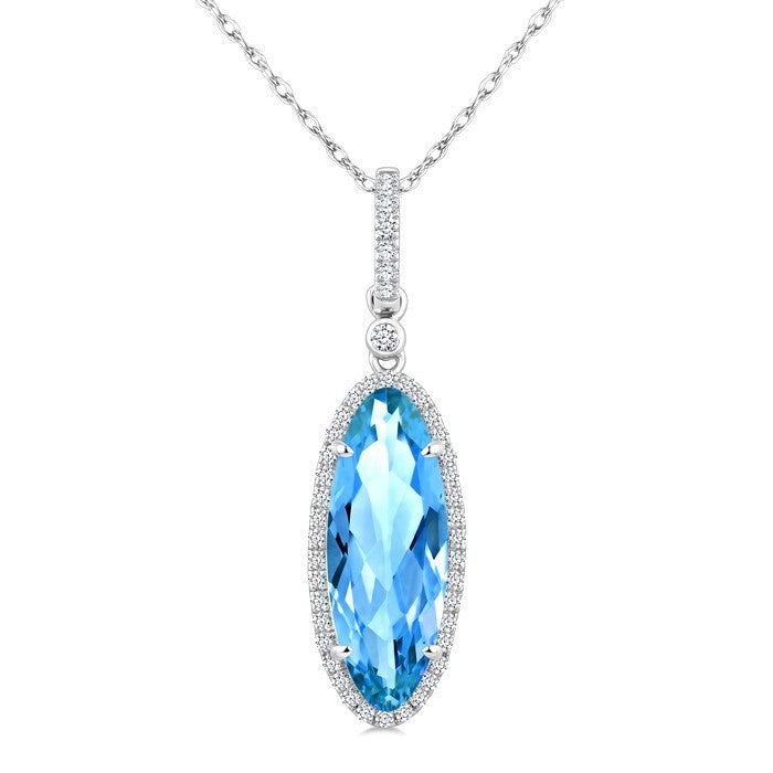 16X6 MM Evoque Gemstones Oval Shape Blue Topaz and 1/5 Ctw Round Cut Diamond Semi-Precious Pendant With Chain in 10K White Gold