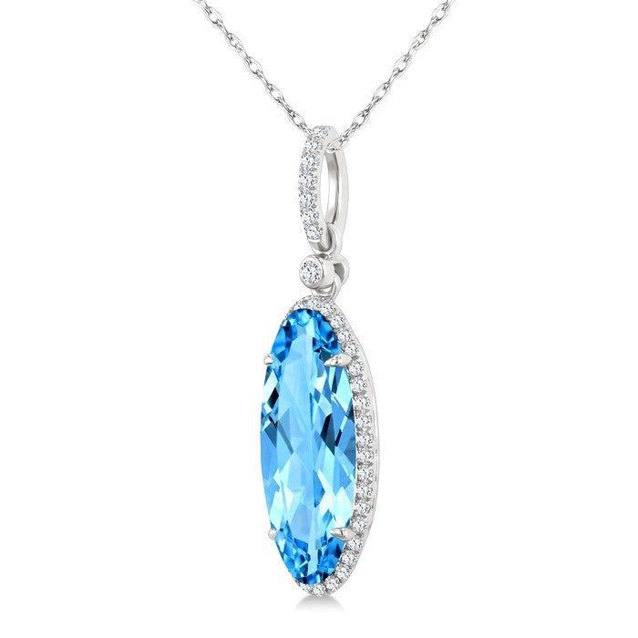16X6 MM Evoque Gemstones Oval Shape Blue Topaz and 1/5 Ctw Round Cut Diamond Semi-Precious Pendant With Chain in 10K White Gold