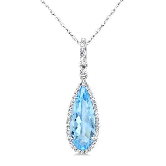 16X6 MM Evoque Gemstones Pear Shape Blue Topaz and 1/5 Ctw Round Cut Diamond Semi-Precious Pendant With Chain in 10K White Gold