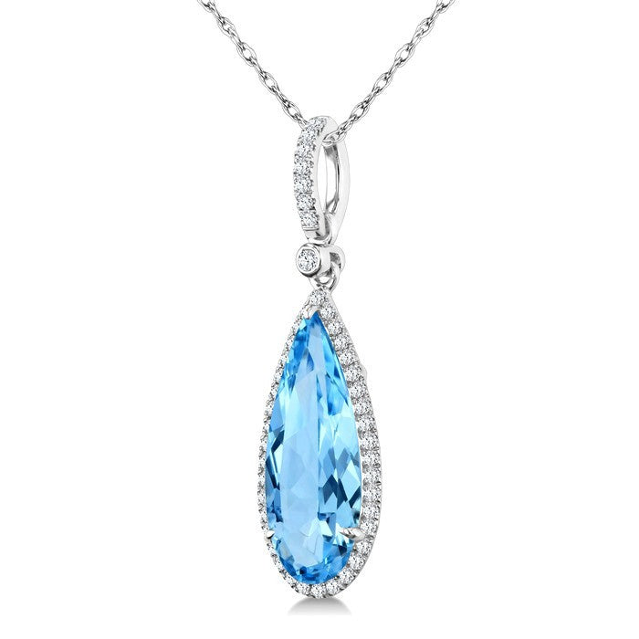 16X6 MM Evoque Gemstones Pear Shape Blue Topaz and 1/5 Ctw Round Cut Diamond Semi-Precious Pendant With Chain in 10K White Gold