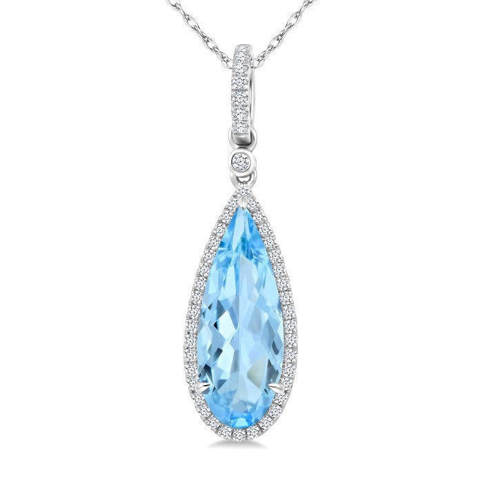 16X6 MM Evoque Gemstones Pear Shape Blue Topaz and 1/5 Ctw Round Cut Diamond Semi-Precious Pendant With Chain in 10K White Gold