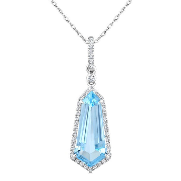 16X7 MM Evoque Gemstones Shield Shape Blue Topaz and 1/5 Ctw Round Cut Diamond Semi-Precious Pendant With Chain in 10K White Gold