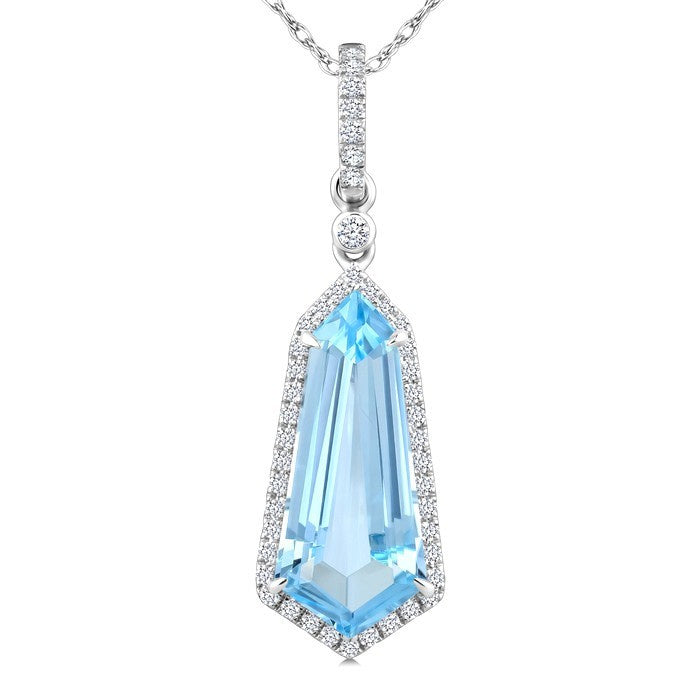 16X7 MM Evoque Gemstones Shield Shape Blue Topaz and 1/5 Ctw Round Cut Diamond Semi-Precious Pendant With Chain in 10K White Gold