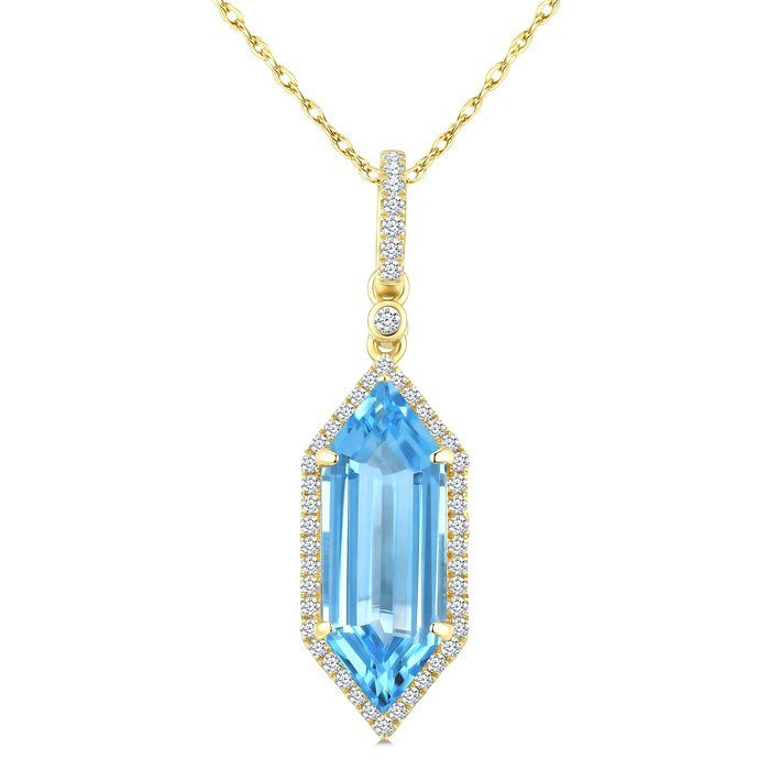 16X6 MM Evoque Gemstones Hexagon Shape Blue Topaz and 1/5 Ctw Round Cut Diamond Semi-Precious Pendant With Chain in 10K Yellow Gold