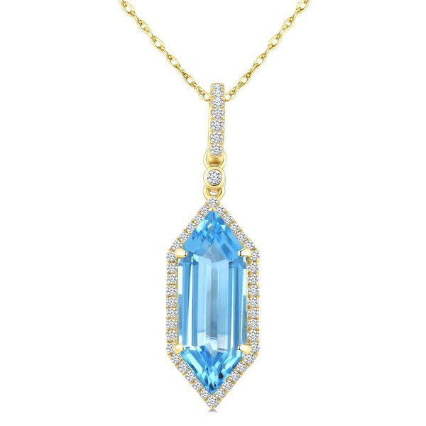 16X6 MM Evoque Gemstones Hexagon Shape Blue Topaz and 1/5 Ctw Round Cut Diamond Semi-Precious Pendant With Chain in 10K Yellow Gold