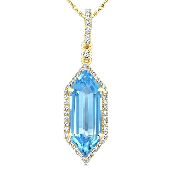 16X6 MM Evoque Gemstones Hexagon Shape Blue Topaz and 1/5 Ctw Round Cut Diamond Semi-Precious Pendant With Chain in 10K Yellow Gold