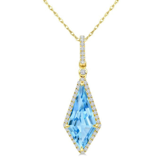 16X7 MM Evoque Gemstones Kite Shape Blue Topaz and 1/5 Ctw Round Cut Diamond Semi-Precious Pendant With Chain in 10K Yellow Gold