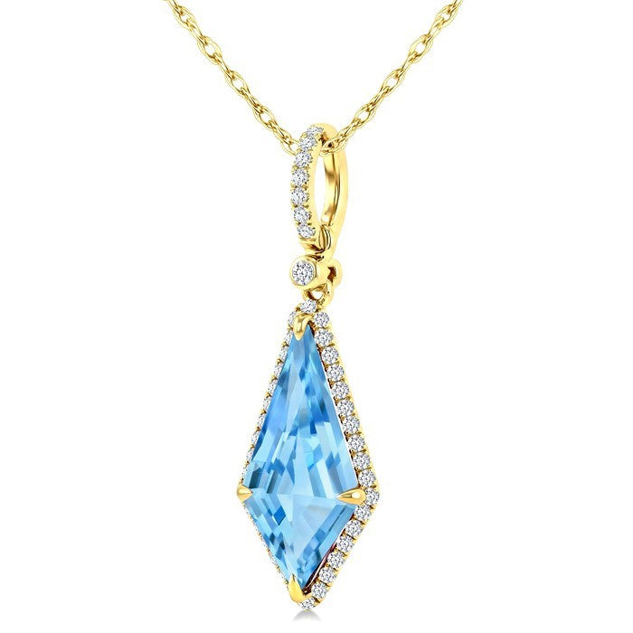 16X7 MM Evoque Gemstones Kite Shape Blue Topaz and 1/5 Ctw Round Cut Diamond Semi-Precious Pendant With Chain in 10K Yellow Gold