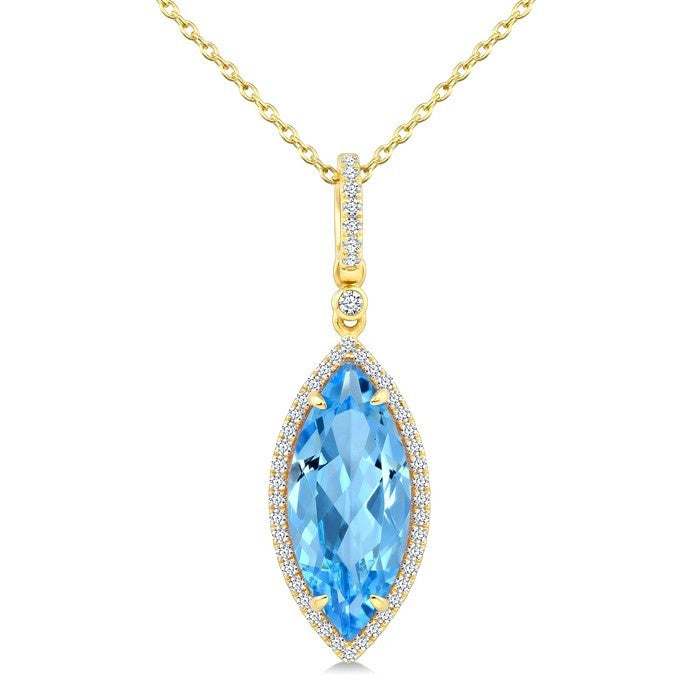 16X7 MM Evoque Gemstones Marquise Shape Blue Topaz and 1/5 Ctw Round Cut Diamond Semi-Precious Pendant With Chain in 10K Yellow Gold