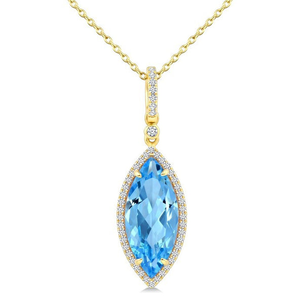 16X7 MM Evoque Gemstones Marquise Shape Blue Topaz and 1/5 Ctw Round Cut Diamond Semi-Precious Pendant With Chain in 10K Yellow Gold