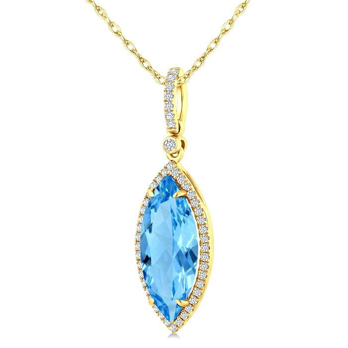 16X7 MM Evoque Gemstones Marquise Shape Blue Topaz and 1/5 Ctw Round Cut Diamond Semi-Precious Pendant With Chain in 10K Yellow Gold