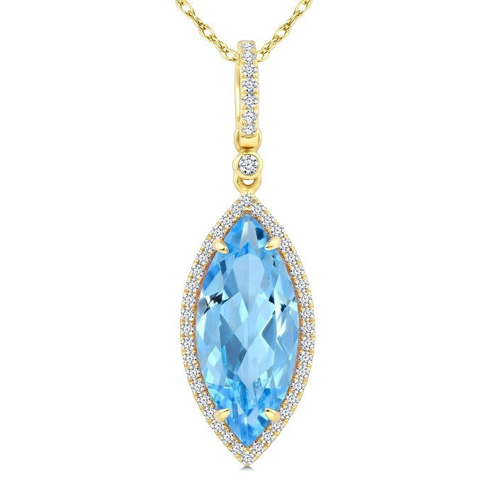 16X7 MM Evoque Gemstones Marquise Shape Blue Topaz and 1/5 Ctw Round Cut Diamond Semi-Precious Pendant With Chain in 10K Yellow Gold