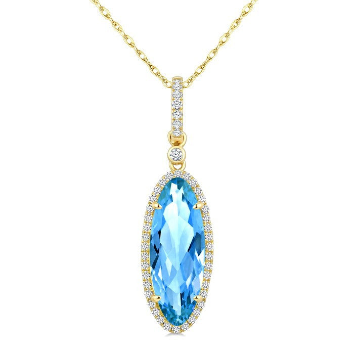 16X6 MM Evoque Gemstones Oval Shape Blue Topaz and 1/5 Ctw Round Cut Diamond Semi-Precious Pendant With Chain in 10K Yellow Gold