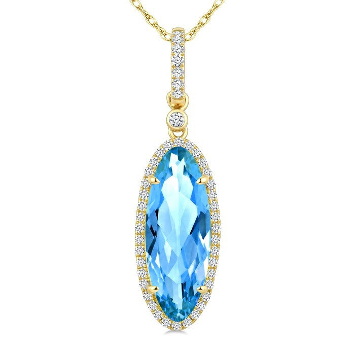 16X6 MM Evoque Gemstones Oval Shape Blue Topaz and 1/5 Ctw Round Cut Diamond Semi-Precious Pendant With Chain in 10K Yellow Gold
